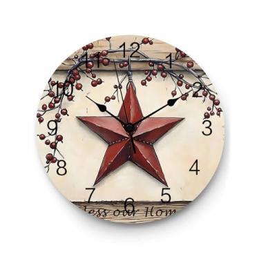 Imagem de LooPoP Relógio de parede vermelho celeiro estrela relógios PVC silencioso, sem tique-taque, operado por bateria, decorativo, ramo de baga, relógio redondo de madeira rústica para casa, sala de estar