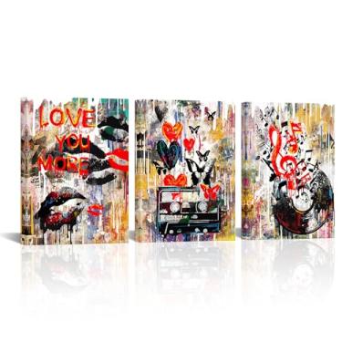 Imagem de Biuteawal Arte de parede de 3 peças de arte de parede vintage grafite fita cassete pintura de discos de vinil arte para decoração de sala musical tela esticada pronta para pendurar