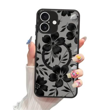 Imagem de FBHGLOA Capa magnética para iPhone 16 de 6,1 polegadas com flor de tinta, compatível com MagSafe, linda estampa floral, estética, gótica, transparente, à prova de choque, macia, fina, capa protetora