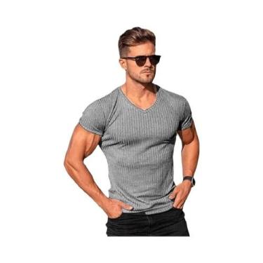 Imagem de Camiseta Casual Masculina De Verão Com Decote Em V E Manga Curta Em Co