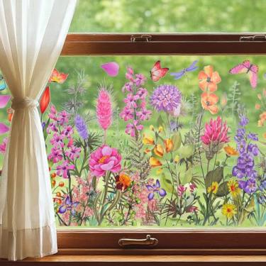 Imagem de DOPENSPI Adesivos de janela de flores silvestres, borboletas de dupla face, adesivos florais de vidro, decalques coloridos removíveis, arte de parede de janelas para porta de escritório em casa