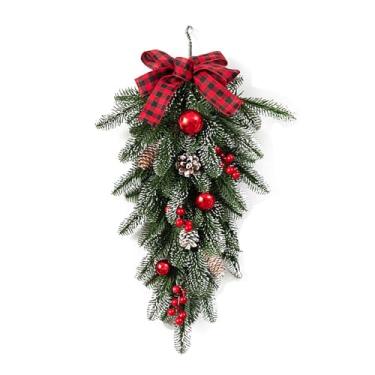 Imagem de Guirlandas em Forma de Gota com Agulhas Pinheiro Xadrez Frutas Vermelhas e Pinha Decoração Artificial para Porta Parede Janela Versátil Casa Interna PE Premium Fácil Montar Decorar