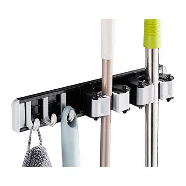 Imagem de Suporte para Mop Vassoura com Ganchos Organizador Montado na Parede de Alumínio Instalação por Perfuração Econômico Espaço Grande Capacidade Carga Coz
