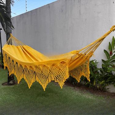 Imagem de Rede de Descanso Reforçada Casal King - Gigante, Manual Artesanal e Conforto Premium para Sua Varanda(Amarelo Lisa)