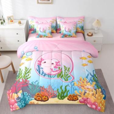Imagem de Erosebridal Conjunto de edredom solteiro fofo Axolotl para meninas, rosa e azul, desenho animado com letra A-Z, animal kawaii, oceano, animal, em uma bolsa, alfabético, salamandra, para crianças e