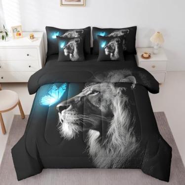 Imagem de Homewish Jogo de lençol casal reversível com leão, borboleta azul brilhante, animal selvagem, cinza e preto, lençol com elástico e lençol de cima
