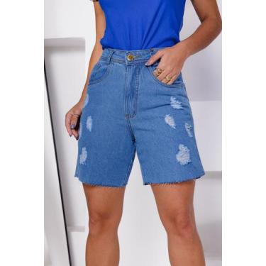 Imagem de Bermuda Jeans Feminina Cintura Alta Estilosa com Rasgo Barra corte a f