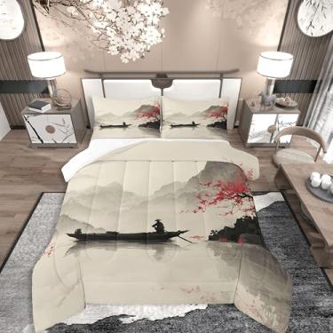 Imagem de jejeloiu Conjunto de edredom infantil com flores de cerejeira vermelha, tamanho queen, barco, lago, montanha, tinta chinesa, pintura de paisagem, edredom para quarto de crianças, meninos, meninas