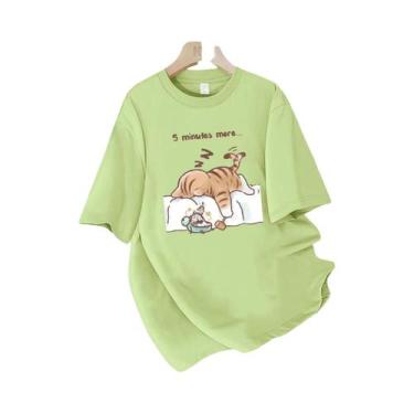 Imagem de Camiseta Feminina De Algodão Para O Verão Com Estampa De Gato Dormindo