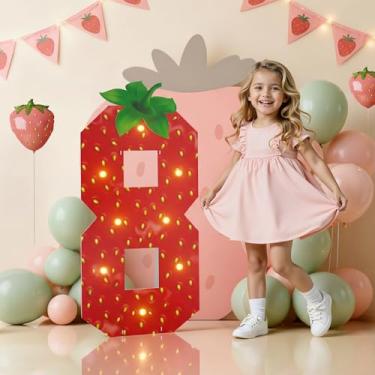 Imagem de Decorações de festa de aniversário de morango para casa, número 8 para letreiro de papelão de espuma de 8 m, decorações de aniversário com tema de morango, números iluminados 8