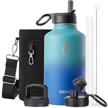 Imagem de Coolflask Garrafa de água de 1,8 litro isolada com canudo e 3 tampas, jarro de água de 1,8 g, grande metal de aço inoxidável, boca larga para esportes, academia ou escritório, sem BPA, mantenha frio