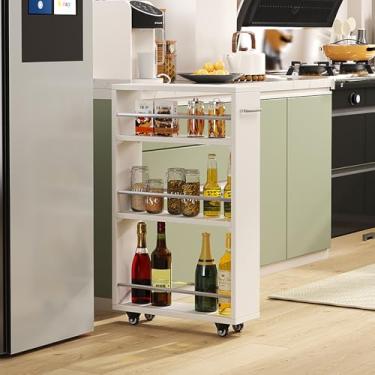 Imagem de Carrinho de armazenamento fino, prateleira de armazenamento independente de metal de madeira, prateleira móvel deslizante, para sala de estar, escritório em casa, quarto, varanda (cor de madeira, 25 x