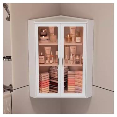 Imagem de Armário de remédios de canto pequeno montado na parede com portas de vidro - Armazenamento compacto de banheiro sobre vaso sanitário, ideal para cozinha e lavanderia, marrom (35 x 70 cm)