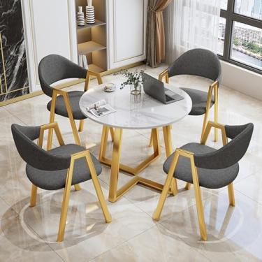 Imagem de Conjunto de mesa de negociação para sala de conferências, mesa redonda de recepção de escritório e conjunto de cadeira de sala de estar, mesa redonda de ardósia PU/algodão e linho conjunto de 5 peças