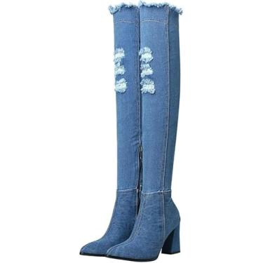 Imagem de MAVMAX Botas femininas de cano baixo, bico fino, salto alto, jeans, azul, cano médio, cano médio, com zíper lateral, Azul escuro longo, 40