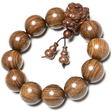 Imagem de HongdakeSZ Pulseira de oração de contas de madeira feita à mão com pingente de dragão esculpido em seda dourada ou marrom preto ou pulseira masculina de madeira Huali, 1 unidade/pacote, Large, Madeira