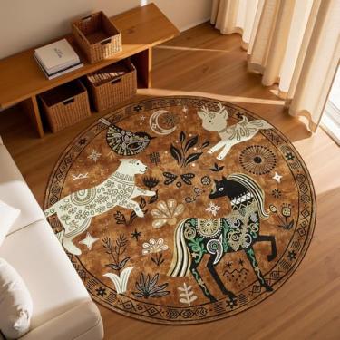 Imagem de jinchan Tapete redondo de 1,5 m, lavável, boho, tribal, floresta, floresta, planta, estampa animal, cozinha, decoração estética, tapete macio antiderrapante para quarto, sala de estar, banheiro