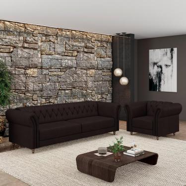 Imagem de Conjunto Sala de Estar 1 Sofá Living 200cm e 1 Poltrona Stanford Chesterfield Pés Madeira Couro Marrom G58 - Gran Belo