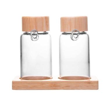 Imagem de Jg 2 Galheteiros com Tampa e Suporte de Bambu 170ml