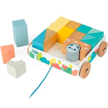 Imagem de Brinquedo De Puxar Carrinho de Madeira com Blocos Educativos Pure - Janod