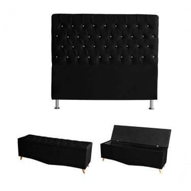Imagem de Kit Estrela Cabeceira De Cama Box E Calçadeira Baú Pés Palito Botão Cristal Casal 140 Cm Suede Preto Do Lar Móveis
