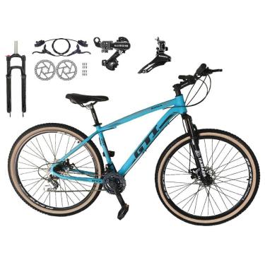 Imagem de Bicicleta Aro 29 Gti Roma 24v K7 Câmbios Shimano Freio Hidráulico Garfo com Trava com Pneu Faixa Bege - Azul