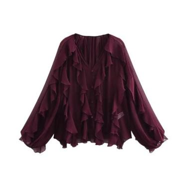 Imagem de Blusa Feminina Sexy Transparente Com Babados E Decote V, Camisa Casual