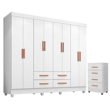Imagem de Guarda Roupa Casal Porto com Cômoda Lite 4 Gavetas Branco Brilho – Móveis Leão