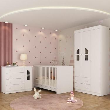 Imagem de Conjunto de Quarto de Bebê com Berço 3 em 1 Amora MP4557 4 Portas 6 Gavetas MDP-MDF 92cm Branco Multimóveis