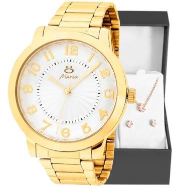 Imagem de relogio feminino aço inox dourado + colar + brincos + caixa strass qua