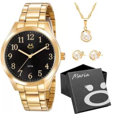 Imagem de relogio feminino dourado aço inox + colar + brincos + caixa qualidade 