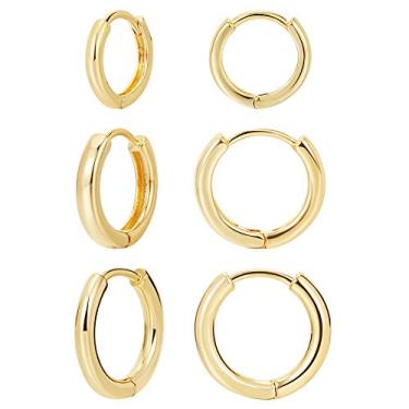 Imagem de 3 pares de brincos de argola banhados a ouro 14 K para mulheres, brincos de argola minimalistas, brincos de argola simples de 3 tamanhos para mulheres homens, presente, ouro, prata,