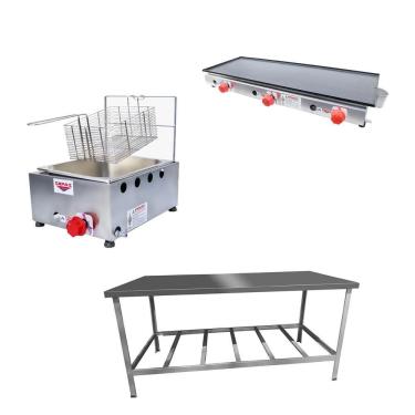 Imagem de Kit Lanchonete Mesa de Manipulação 190x70cm + Fritadeira a Gás 1 Cuba + Chapa a Gás 90cm Alcamar