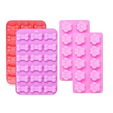 Imagem de Moldes de silicone pata e osso de cachorro, moldes de silicone antiaderentes para chocolate, doces, geleias, cubos de gelo, petiscos para cães, molde para assar cupcake, panela de muffin (Conjunto de 4 pçs)