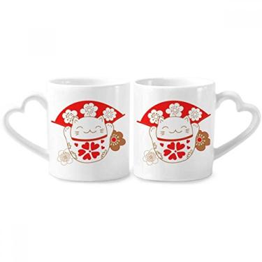 Imagem de Conjunto de canecas de porcelana de casal japonês gato da sorte de cerejeira com alça de coração de cerâmica para amantes