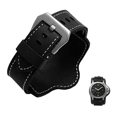 Imagem de CYSUE Pulseira de relógio de pulso masculina retrô grossa de couro genuíno para Panerai PAM380 111 351 marrom preto com tapete 20mm 22mm 24mm 26mm (cor: fivela preto-prata, tamanho: 24mm)