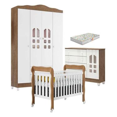 Imagem de Quarto de Bebê New Selena 4 Portas com Berço Lila e Cômoda Selena Branco Acetinado Amadeirado e Colchão Gazin - Carolina Móveis