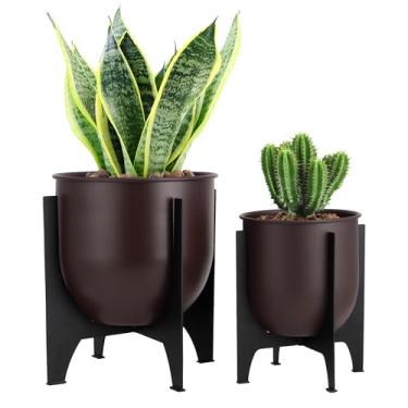 Imagem de TRIROCKS Conjunto de 2 vasos com suporte de metal para ambientes internos e externos, vasos de flores modernos para sala de estar, canto, cozinha, escritório, jardim, varanda, pátio, decoração