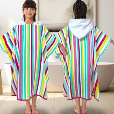 Imagem de VOOVA & MOVAS Poncho de toalha com capuz para adolescentes (idades 8-16), toalha poncho de algodão grande, grossa e absorvente para piscina, natação, banho | Cabana listrada rosa e amarelo