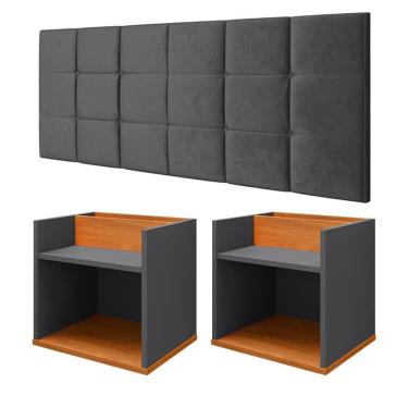 Imagem de Kit 2 Mesinhas Suspensa Madri Nicho Divisória Retrô Cabeceira Bia 1,40 Estofado Suede Cama Box Casal Quarto - Cinza/Cinamomo