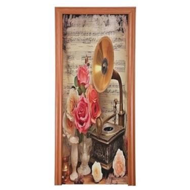 Imagem de Wassud Capa de porta de Halloween 81 x 199 cm grande vintage decoração de gramofone e rosas, faixa elástica para porta interna externa para porta da frente da varanda