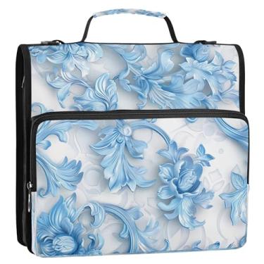 Imagem de Wassud Fichário floral azul com zíper 3 anéis com alça de ombro e alça vários bolsos expansíveis organizador de pasta de arquivo