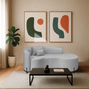 Imagem de Divã Recamier Curvo Sala De Estar Recepção Inglaterra 200cm Pés Metal Preto Lado Direito Linho Cinza Claro