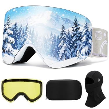 Imagem de VCOROS Óculos magnéticos de esqui com proteção UV400 para snowboard OTG para snowmobile (armação branca, prata, lentes polarizadas, máscara de esqui)