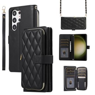 Imagem de Capa carteira para Samsung Galaxy S23 Ultra, capa de couro durável com fecho magnético e 9 compartimentos para cartão, suporte, alça de pulso, corrente, capa protetora de telefone à prova de choque