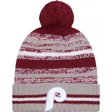Imagem de New Era Gorro de beisebol Philadelphia Phillies Onfield esportivo listrado cinza com punho pompom - boné de malha MLB Cheer Cuff