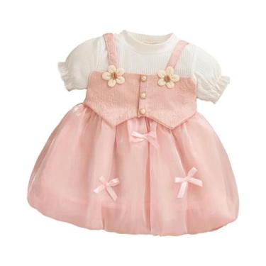 Imagem de Vestido De Princesa Rosa Para Menina Com Laço Flor Manga De Bolha Em T