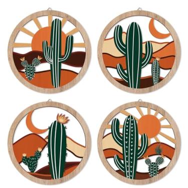 Imagem de HPNIUB Decoração de parede de cacto boho, placa de madeira rústica botânica tropical do deserto para sala de estar, placa de madeira redonda de planta do sudoeste, arte de parede de sol e lua para