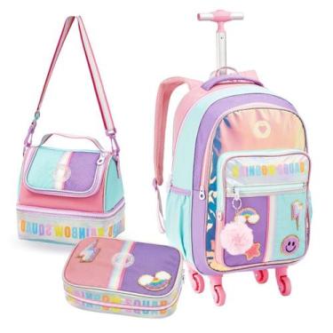 Imagem de Kit Mochila Escolar Rodinhas com Estojo Box e Lancheira Colorido Lanch