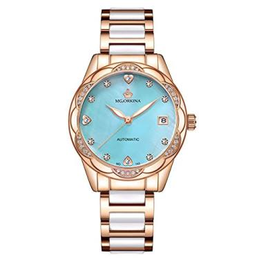 Imagem de Relógio feminino moderno automático mecânico brilhante strass esqueleto mostrador de data aço inoxidável pulseira de cerâmica relógio feminino à prova d'água, azul